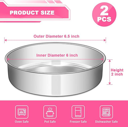 EWFEN 6 Inch Cake Pan Set of 2, Stainless Steel Round Layer Cake Baking Pans Tins, Non-Toxic & Healthy, Leak-proof & Easy Clean & Dishwasher Safe