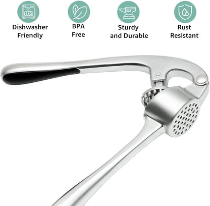 Garlic Press Crusher & Mincer – Easy Squeeze Ergonomic Handle, Heavy Duty Zinc Alloy, Dishwasher Safe, Includes Peeler & Cleaning Brush – Garlic Ginger Crusher Tool (Silver)