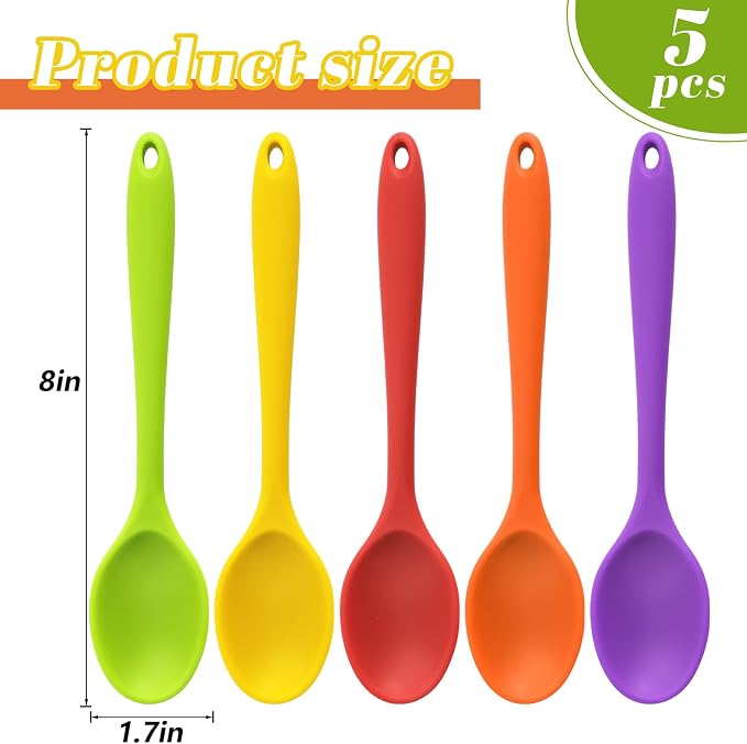 HANSGO 5PCS Small Silicone Spoons, 8 Inch Silicone Mixing Spoons for Baking, Cooking, Tasting, Quiet Stirring Hot Cocoa, Sauce, Risotto, Safe & Nonstick, Kitchen Gifts for Women, Cooking Gifts for Men