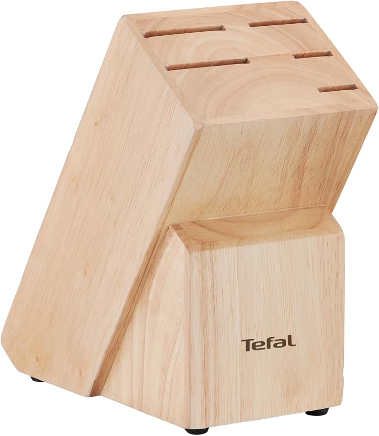 Tefal Wooden Knife Block 5pc Set- Ice Force Knives, German Stainless Steel & Premium Design - Bread 20 cm | Chef 20 cm | Santoku 18 cm | Utility 11 cm | Paring 9 cm - K232S574