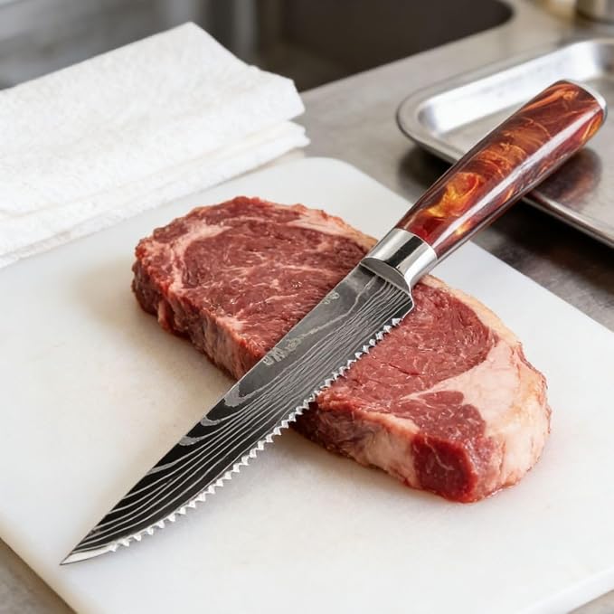 6-Piece Premium Japanese Kitchen Knife Set - Star Collection, Laser Damascus Pattern, 440A Stainless Steel Ultra Sharp for Fast Cutting (Red 6SK)