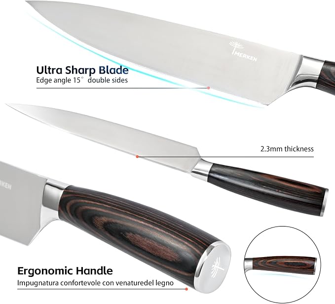 MERKEN 3 Piece Kitchen Knife Set with Gift Box, 8 inch Chef Knife, 5 inch Utility Knife and 3.5 inch Paring Knife