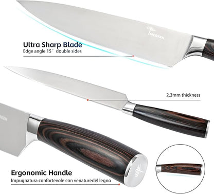 MERKEN 3 Piece Kitchen Knife Set with Gift Box, 8 inch Chef Knife, 5 inch Utility Knife and 3.5 inch Paring Knife