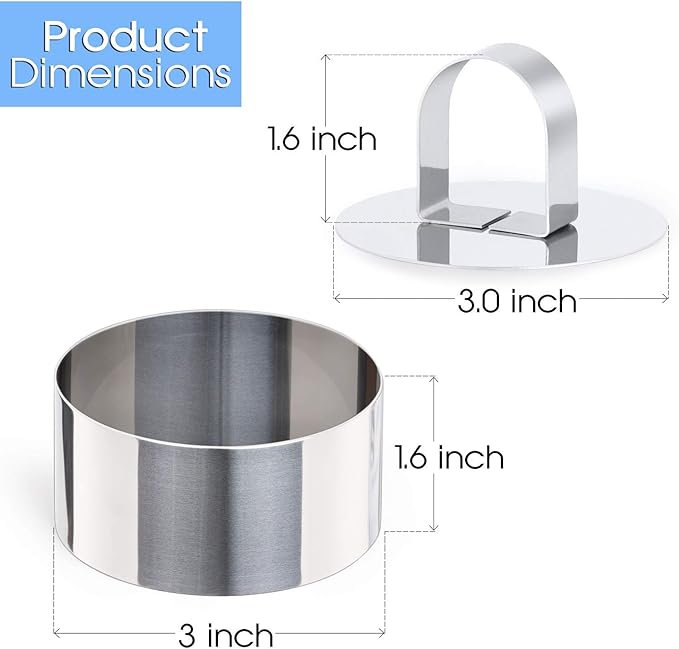 HULISEN Round Cake Ring Mold, Stainless Steel 3” Cooking Crumpet Rings with 1 Pusher & 4 Food Form, Tuna Tartare Mold for Pancake, Salad, Mousse