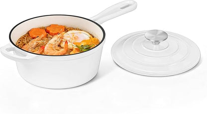 Homikit Small Cast Iron Pot, 2 Quart Enameled Cast Iron Sauce Pan with Lid, Heavy Duty Enamel Dutch Oven Kitchen Cookware for Making Pasta, Boiling Soup, Warming Milk, Nonstick & Oven Safe, White