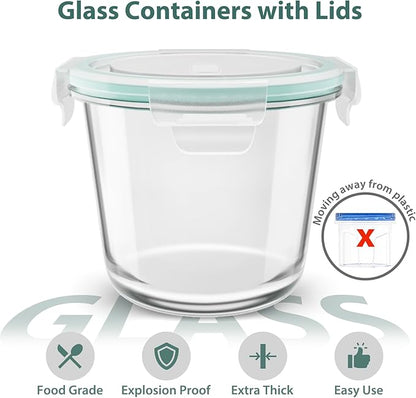 3 Cup Glass Meal Prep Containers With Turquoise Lids, Airtight 23oz glass Storage Container Set, Heat-Resistant BPA-Free for feeding the Southern Starter, Microwave, Dishwasher, Freezer Safe (4 Packs)