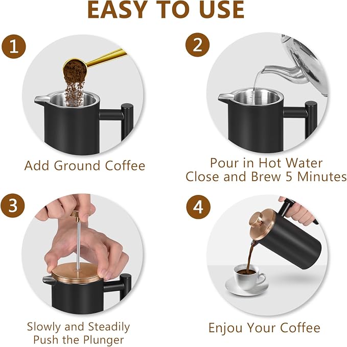 Black Large French Press Coffee Maker 50oz, Double Wall Insulated French Press Stainless Steel,for Coffee&Tea,with 3 Extra Screens and a Coffee Spoon, 50oz/1500ml, Gold