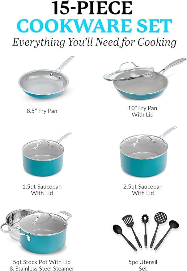 15 Pc Ceramic Pots and Pans Set Non Stick - GOTHAM STEEL Non Toxic PFAS PFOA PFOS Free, Metal Utensil Safe Aluminum Cookware Set with Steamer & Utensils, Oven Safe to 500°F, Dishwasher Ready, Blue