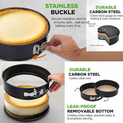 Nutrichef 3-Piece Nonstick Springform Pan Set - Premium Carbon Steel Cheesecake Pans with Stainless Steel Clasp - 6", 8", 10" Sizes, Oven Safe up to 450°F - Includes 300pcs Parchment Paper (Black)