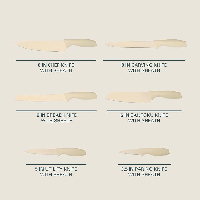 Gibson Home Bostonville 12 Piece Kitchen Knives Set W/Blade Guards/Sheaths, Chef Knife Sets With Nonstick Blades - White