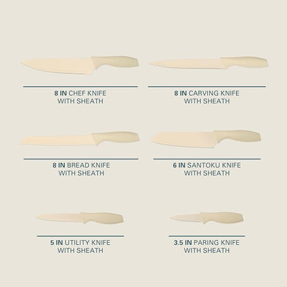 Gibson Home Bostonville 12 Piece Kitchen Knives Set W/Blade Guards/Sheaths, Chef Knife Sets With Nonstick Blades - White
