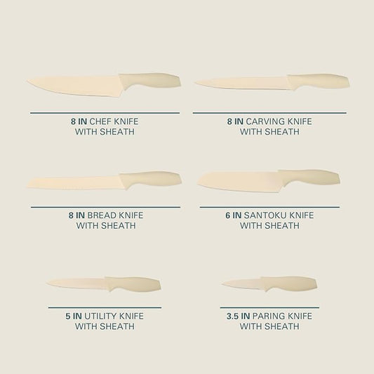Gibson Home Bostonville 12 Piece Kitchen Knives Set W/Blade Guards/Sheaths, Chef Knife Sets With Nonstick Blades - White