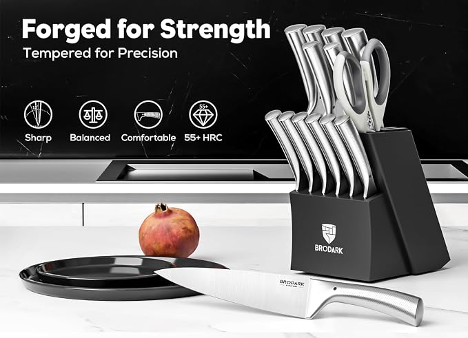 Block Knife Sets - Kitchen Knives Set with Block and Sharpener, Ultra Sharp Chef Knife, High Carbon Super German Stainless Steel, Ergonomic Handle Non Slip Grip, Gift for Men Women, Silver Wolf Series