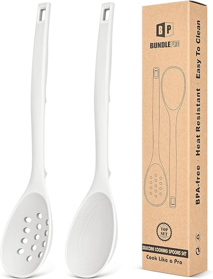 Pack of 2 Silicone Cooking Spoons, Non Stick Solid Kitchen Spoon with Measuring Marks & Back Hooks, Heat Resistant Silicone Slotted Spoon for Cooking, Mixing, Stirring,Serving (WHITE)