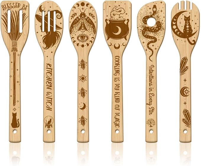 GLOBLELAND 6 Pcs Witchcraft Wooden Spoons Utensil Set Divination Bamboo Carving Kitchen Cooking Utensils Magic Wooden Engraved Cooking Spatula Set for Kitchen Fun House Warming Gift