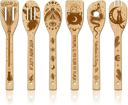 GLOBLELAND 6 Pcs Witchcraft Wooden Spoons Utensil Set Divination Bamboo Carving Kitchen Cooking Utensils Magic Wooden Engraved Cooking Spatula Set for Kitchen Fun House Warming Gift