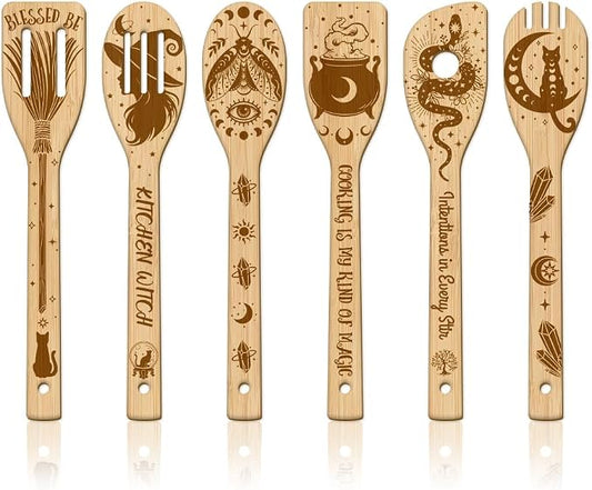 GLOBLELAND 6 Pcs Witchcraft Wooden Spoons Utensil Set Divination Bamboo Carving Kitchen Cooking Utensils Magic Wooden Engraved Cooking Spatula Set for Kitchen Fun House Warming Gift