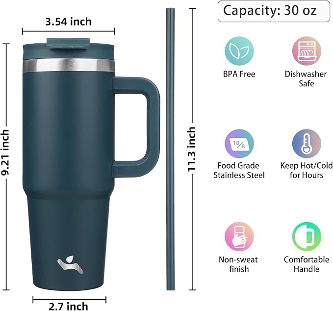 Konokyo 30 oz Tumbler with Handle and 2 Straws,2 in 1 Lid Insulated Water Bottle Stainless Steel Travel Coffee Mug,Navy blue