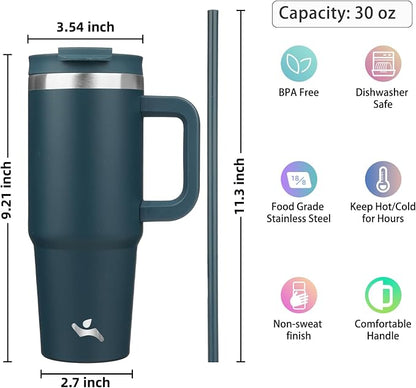 Konokyo 30 oz Tumbler with Handle and 2 Straws,2 in 1 Lid Insulated Water Bottle Stainless Steel Travel Coffee Mug,Navy blue