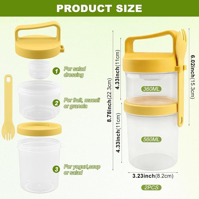 Overnight Oats Container 2 Pack, 31 fl oz Dual Layer Parfait Cups with Lids and Forks, 19 oz Bottom + 12 oz Top, 3.23 in Wide Mouth, Leak Resistant Meal Prep Jar for Yogurt Granola Salad