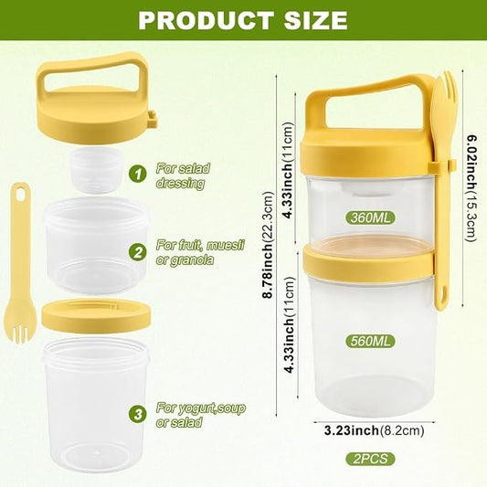 Overnight Oats Container 2 Pack, 31 fl oz Dual Layer Parfait Cups with Lids and Forks, 19 oz Bottom + 12 oz Top, 3.23 in Wide Mouth, Leak Resistant Meal Prep Jar for Yogurt Granola Salad