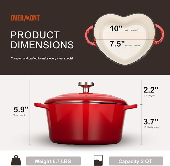 Overmont Enameled Cast Iron Dutch Oven - Heart-Shaped Pot with Lid Cookbook & Cotton Pot Holders - Mini Cookware Oven Safe to 500°F for Sourdough Baking Soups Stews - Great Gift for Wedding Birthday Housewarming 2QT Red