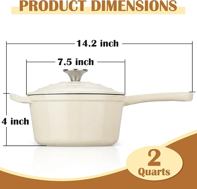 E-far Enameled Cast Iron Sauce Pan, 2 Quart Dutch Oven Saucepan with Lid, Small Sauce Pot for Cooking, Boiling, Healthy & Non Toxic, Induction & Oven Safe, Cream