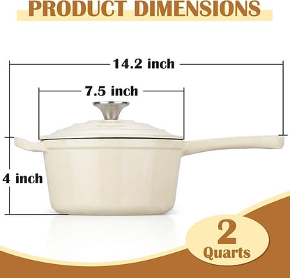 E-far Enameled Cast Iron Sauce Pan, 2 Quart Dutch Oven Saucepan with Lid, Small Sauce Pot for Cooking, Boiling, Healthy & Non Toxic, Induction & Oven Safe, Cream