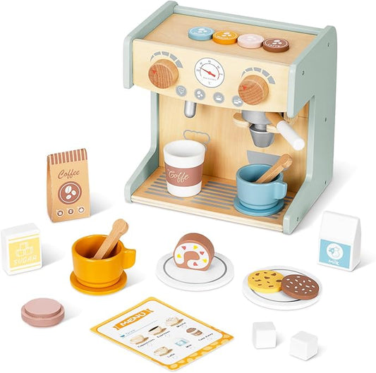 OOOK 2-in-1 Wooden Coffee Maker Set for Kids, 28Pcs Pretend Play Coffee Shop Toys with Play Kitchen Accessories & Food Toys, Birthday Gift for Girls Boys Age 3+