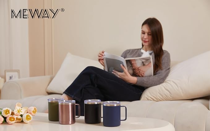 MEWAY 12oz Coffee Mug With Handle and Sliding Lid,Stainless Steel Travel Tumbler Cup with Handle,Double Wall Vacuum Insulated Camping Cup for Hot & Cold Drinks Tea (Cold Grey,Set of 1