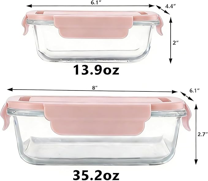 Glass Food Storage Containers with Lids, Airtight Meal Prep Containers, 4 Pack Set with Multiple Sizes (Pink)
