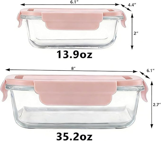 Glass Food Storage Containers with Lids, Airtight Meal Prep Containers, 4 Pack Set with Multiple Sizes (Pink)