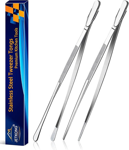 JETKONG 2 Pcs 12-Inch Kitchen Tweezers Fine Tweezer Tongs, Extra-Long Stainless Steel Cooking Tweezers (Silver)