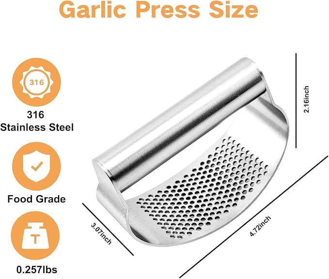 316 Stainless Steel Garlic Press Rocker, Ergonomic Garlic Crusher with Handle, Heavy Duty Dishwasher Safe Garlic Mincer, Rust Proof Kitchen Tool for Ginger, Herbs