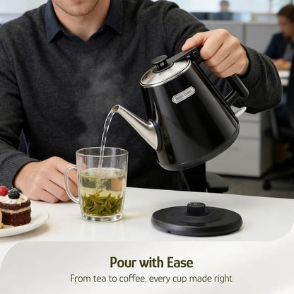 Hazel Quinn Electric Kettle - 1L/34oz Small Tea Kettle, 800W Fast Boil, All 304 Stainless Steel Interior, Double Wall for Cool Touch and Thermal, Auto Shut-Off, BPA-Free, Cordless - Jet Black