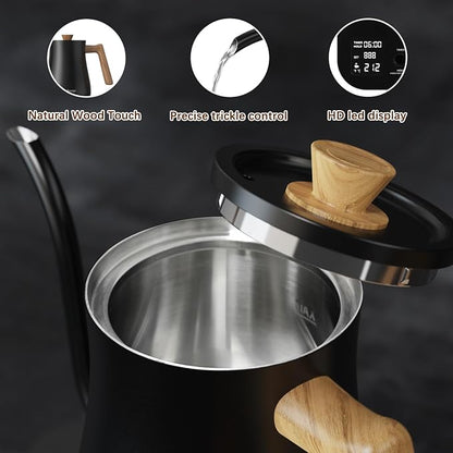 Gooseneck Electric Kettle, Electric tea Kettles, ±1℉ Temperature Control for Pour-Over Coffee & Tea Brewing, Stainless Steel Inner, Quick Heating, Boil Hot Water, 1200W/0.8L (Black Wooden)