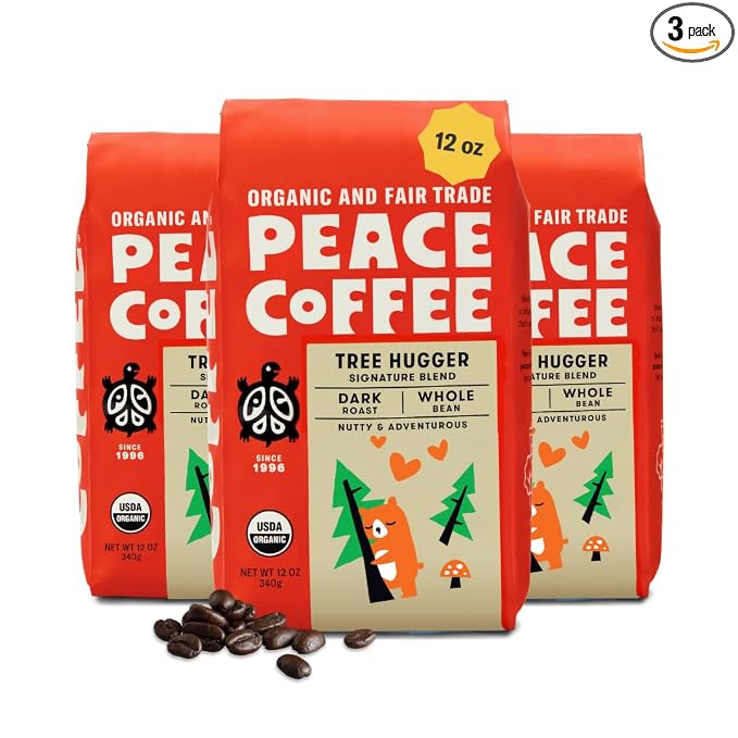 Peace Coffee Tree Hugger Signature Blend Dark Roast Whole Bean Coffee, 12 oz, Pack of 3, Organic Fair Trade, Nutty, Smooth Flavor, Shade Grown, Fresh Roasted