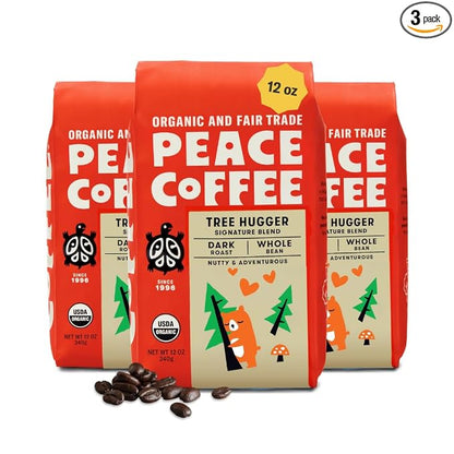 Peace Coffee Tree Hugger Signature Blend Dark Roast Whole Bean Coffee, 12 oz, Pack of 3, Organic Fair Trade, Nutty, Smooth Flavor, Shade Grown, Fresh Roasted