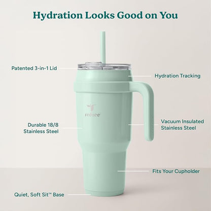 REDUCE Cold1 40 oz Tumbler with Handle - Vacuum Insulated Stainless Steel Water Bottle for Home, Office or Car, Reusable Mug with Straw or Leakproof Flip Lid, Keeps Drinks Cold All Day-Gloss Sea Glass