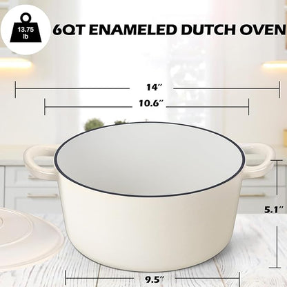TeamFar 6Qt Dutch Oven, Enameled Cast Iron Dutch Oven Pot with Lid & Dual Handles for Bread Baking, Cooking, Simmer, Non Toxic & Heavy Duty, Oven Safe & Various Stovetops Suitable - Cream White