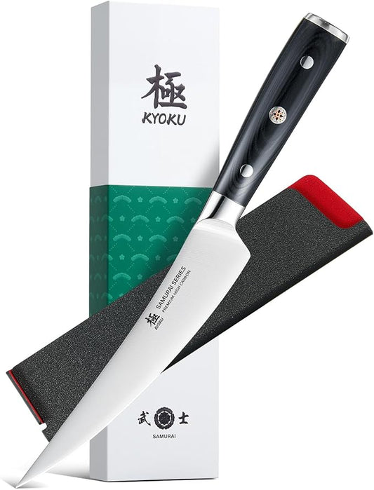KYOKU 6 in. Japanese Boning Knife, Samurai Series Wide Curved Knife for Boning with Pakkawood Handle, German 1.4116 Stainless Steel Full Tang Meat Deboning, with Protective Sheath & Gift Box