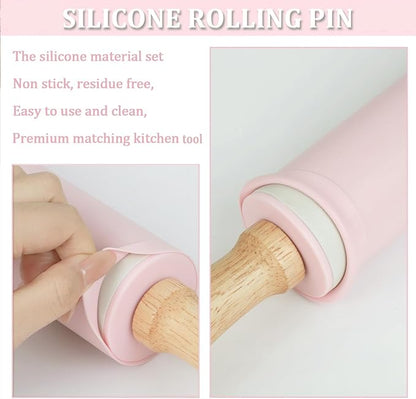 Silicone Rolling Pin for Baking,15inch Pastry Dough Roller with Wooden Handle Non Stick Surface Rolling Pin for Dough Fondant Cookie Pastry Tapered Dumpling Baking Supplies (pink)