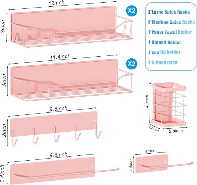 Magnetic Spice Rack for Refrigerator,8 Pack Magnetic Fridge Shelf, Moveable Spice Organizer with Hook Rack, Paper Towel Holder, Utensil Holder,cup lid holder, Super Magnetic Rack Set (Pink)