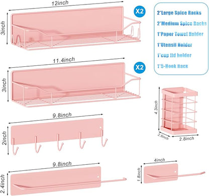 Magnetic Spice Rack for Refrigerator,8 Pack Magnetic Fridge Shelf, Moveable Spice Organizer with Hook Rack, Paper Towel Holder, Utensil Holder,cup lid holder, Super Magnetic Rack Set (Pink)