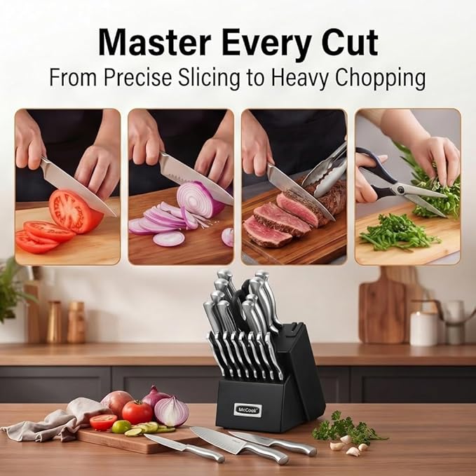 McCook® Knife Sets,German Stainless Steel Kitchen Knives Block Set with Built-in Sharpener, 20 Piece Razor-Sharp Kitchen Knives, Anti-Rust, Ergonomic Design, Elegant Box for Gift