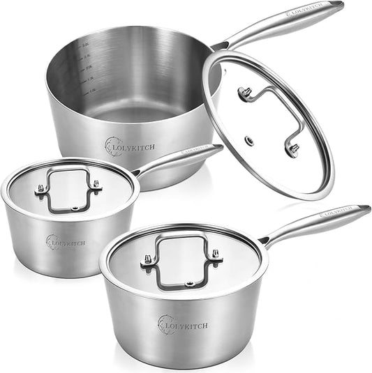 LOLYKITCH Tri-Ply Stainless Steel Saucepan Set with Glass Lids, 1 & 2 & 3QT Cooking Pots, Uncoated Heavy Bottom Metal Sauce Pans for Induction Cooktop, Ergonomic Handle