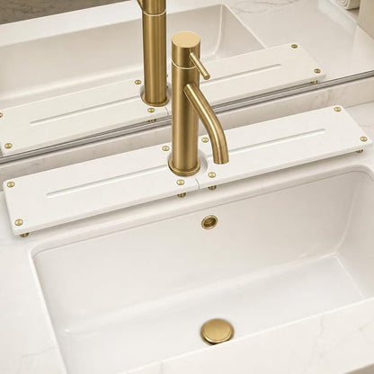 Stone Faucet Mat for Kitchen Sink, Water Absorbing Sink Tray Organizer for Bathroom Counter, Diatomite Soap Dish Coaster Caddy Riser, Sponge Holder Dispenser Mat, Gold White 23.6" x 4"