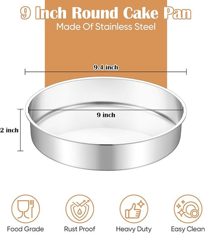 TeamFar 9 Inch Cake Pan Set of 3, Stainless Steel Round Layer Cake Baking Pans Tins for Birthday Wedding, Non-Toxic & Heavy-Duty, Mirror Finish & Leak Proof, Oven & Dishwasher Safe