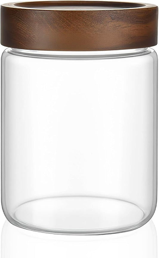 18 oz/550 ml Clear Glass Storage Canister with Airtight Wooden Lid, Small Overnight Oats Containers, Cute Decorative Salad Jar for Snacks Yogurt Spice Sugar Cereal Fruit Coffee Tea