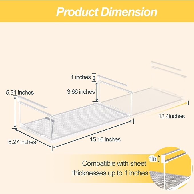 2 Pack Hanging Under Shelf Storage Basket Organizer,Expandable Under Shelf Storage,Metal & White,Heavy Duty Slide-in Storage Baskets,Space Saving for Cabinet,Desk,Pantry,Kitchen